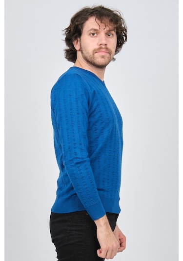 Desen Triko Erkek V Yaka Yün Kazak 0249626 Saks Saks Mavi Saks