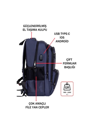Dada 04 Lacivert Laptop Sırt Çantası 14-15,6 İnç Usb Aparat Ortopedik Sırt  Darbe Emici Koruma