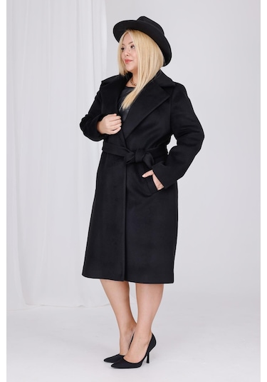 Kadın Siyah Yün Kaşe Kemer Ve Astar Detay Büyük Beden Kaban Siyah