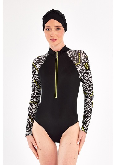 3 Farklı Şekilde Giyilebilir Likralı Etekli Tesettür Mayo 1112 Siyah03 Siyah03