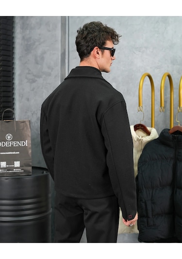 Modefendi Orta Slim Fit Düğme Detaylı Kaşmir Kaban Siyah