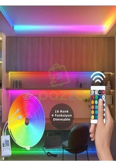 5m 16 Renk 4 Fonksiyonlu Esnek Şerit Neon Led Tdrtr Çok Renkli