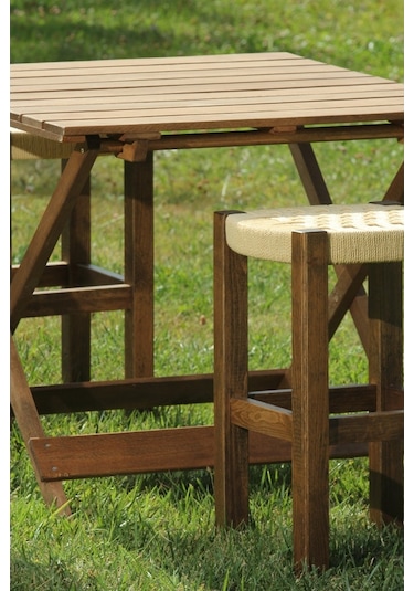 Ceviz Rengi Ahşap Hasır Örgülü Büyük Boy Tabure 2 Adet