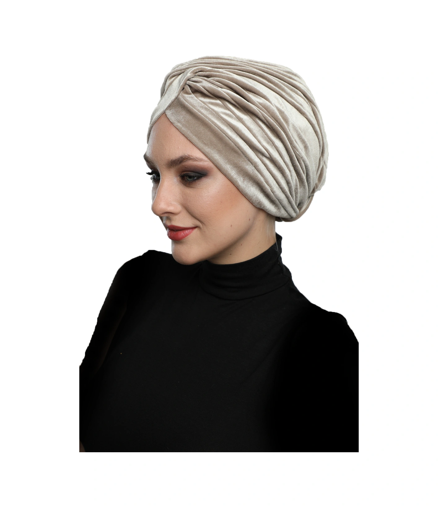 Kadife Çapraz Bej Hazır Türban Tesettür Bone Bej