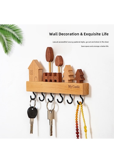 Xiyyadms Ahşap Anahtar Tutucu Duvar Tipi, 6 Kanca, Nordik Stili, Ahşap Malzeme, Delik Açmadan Kurulum, Giriş Kapısı Organizer, Bej Renk