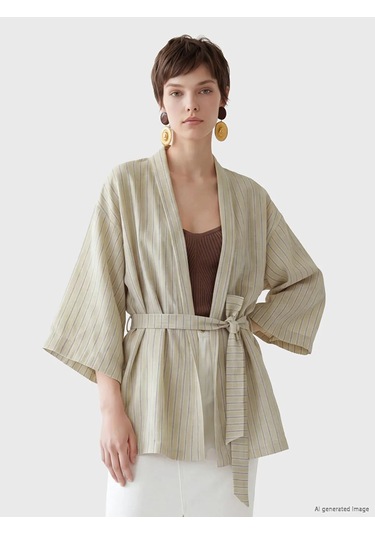 Lc Waikiki Bej Şal Yaka Keten Görünümlü Kadın Kimono
