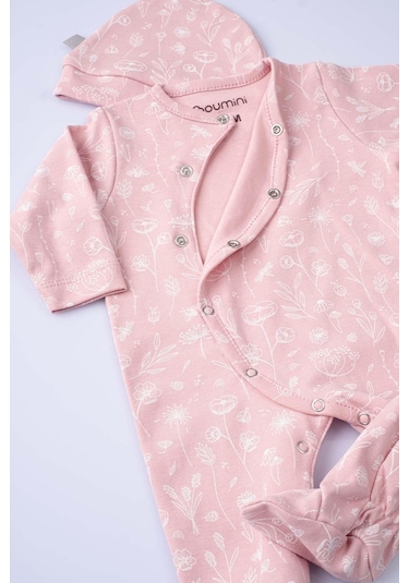 Boumini Bebek Patikli Tulum Şapka Set Bahar Çiçekli Pembe-pembe Pembe
