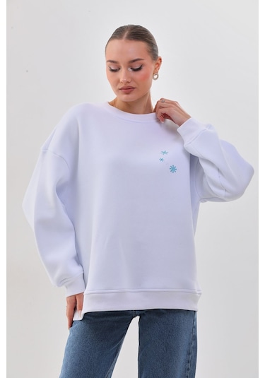 Kallima Oversize Baskılı İçi Polarlı Beyaz Kadın Sweatshirt Beyaz