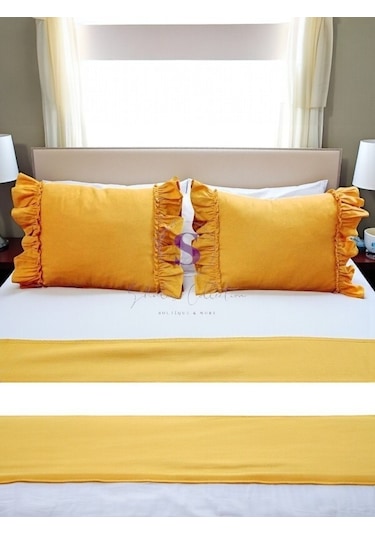 Oksit Sarı Keten Bohem Fırfırlı Vintage 2'li Dikdörtgen Kırlent Kılıfı Sarı