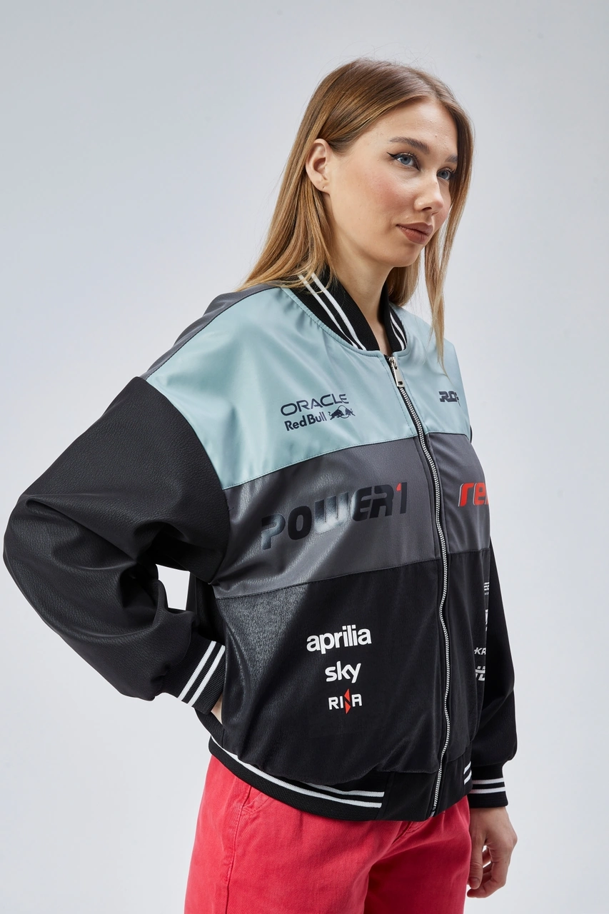 Kadın Oversize Baskılı Motorcu Yarışçı Montu Kolej Ceketi Mint Yeşili