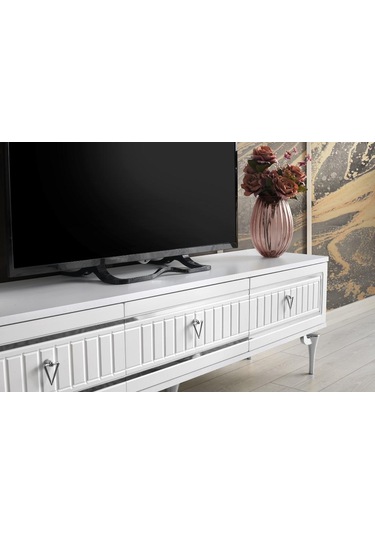 150 CM KLAS METAL AYAK MDF MEBRAN KAPAK TV SEHPASI BEYAZ GÜMÜŞ