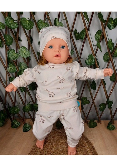 3'lü Bebek Çocuk 2 İplik Şapkalı Takım-790 Ekru