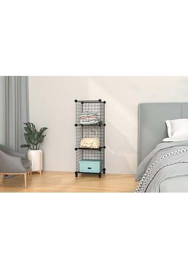 Dekoratif Tel Kafes Tasarımlı 3 Bölmeli Raf - Çok Amaçlı Tel Dolap Siyah