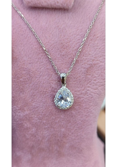 Modagümüşevi 925 Ayar Gümüş Pırlanta Tasarım Damla Kolye, Gümüş Kadın Kolye, Gümüş Kolye