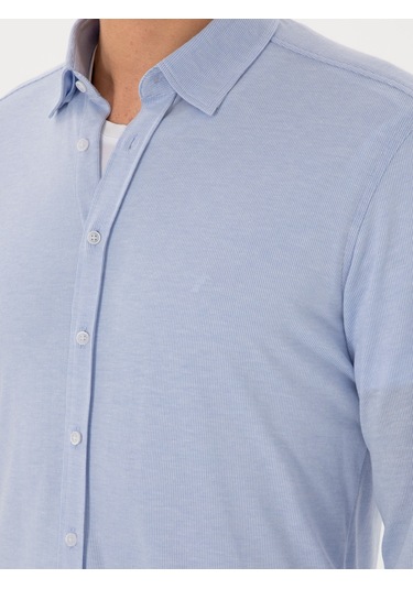 Cacharel Açık Mavi Slim Fit Pamuk Karışımlı Alttan Biritli Fitilli Gömlek Denım