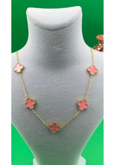 Gold Renk Yonca Desenli Çelik Kolye Pembe