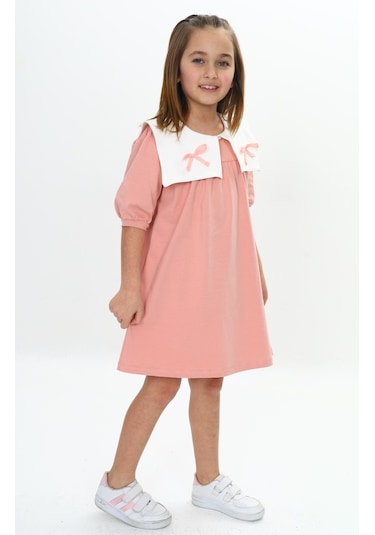 Toontoy Kız Çocuk Yaka Detaylı Elbise Kahverengi