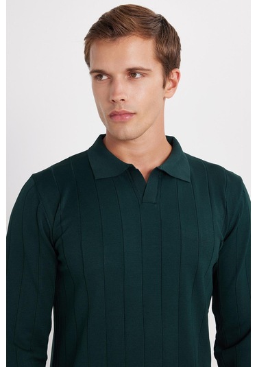 Erkek Slim Fit Dar Kesim Uzun Kol Polo Yaka Çizgili Yeşil Kazak-35795 Yeşil