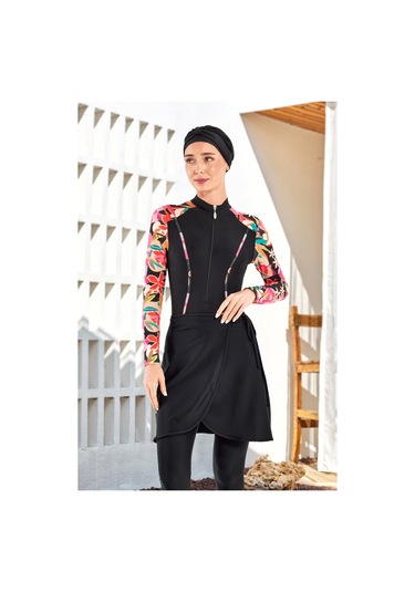 3 Farklı Şekilde Giyilebilir Likralı Etekli Tesettür Mayo Dora 1108 Siyah Siyah01 Siyah
