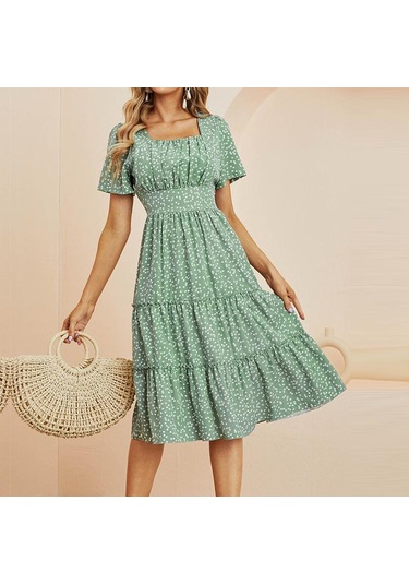 Yaz Aşk Desen Nokta Baskı Elbise Kadın Rahat A-line Kısa Kollu Kare Yaka Ruffles Orta Uzun Şifon Kırmızı Siyah Mavi Yeşil S-xl Yeşil