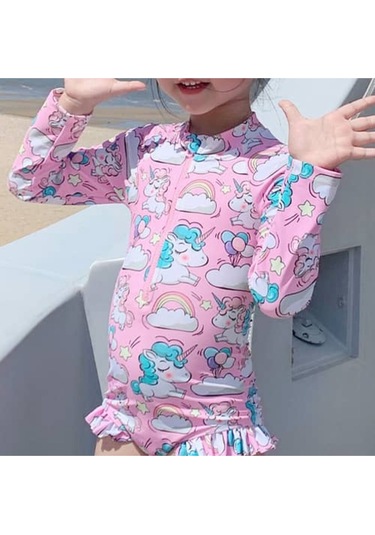 Unicorn Uzun Kollu Pembe Mint Gökkuşağı Balonlu Kız Çocuk Mayo Pembe