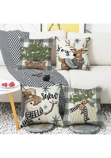 Geeroyoo 4 Adet Kış Dekoratif Yastık Kılıfı - 45x45 Cm, Geyik Ve Kar Adamı Desenli Noel Paspas Örtüleri Bej
