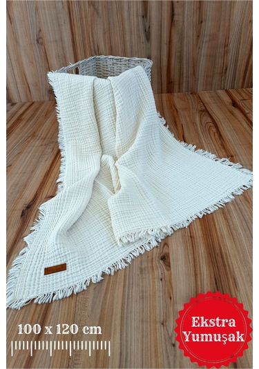 4 Kat Müslin Mint Yeşil Saçaklı Bebek Battaniyesi 100x120 Cm- %100 Pamuklu & Çok Amaçlı Battaniye Ekru