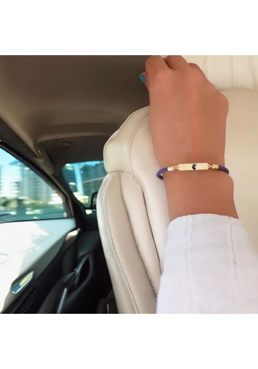 Archin Aslan Temalı Mor Derili 14 Ayar Altın Plakalı Dikdörtgen Motifli Hediye Bileklik-412sembol Aslan