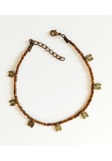 Başka Sanatlar H184 Nal Sembollü Boncuklu Halhal Kahverengi - Antik Sarı