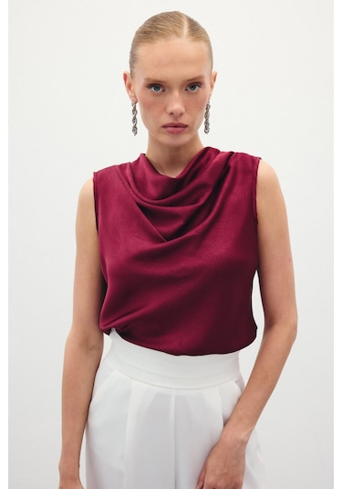 Sateen Degaje Yaka Saten Bluz - Bordo-136198 Bordo