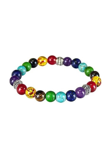 Renkli Boncuklu Çakra Bilezik Altın - Gri