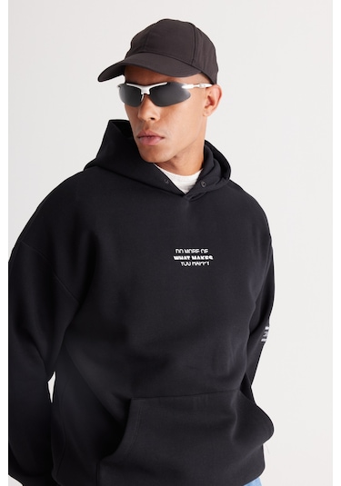 AC&Co / Altınyıldız Classics Erkek Sıyah Oversize Fit Bol Kesim Kapüşonlu İçi Polarlı Pamuklu  Sweatshirt Siyah