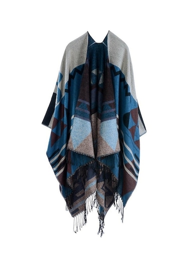 Novahub Kadın Örme Şal Panço Sahte Kaşmir Geometrik Desen Püskül Büyük Boy Uzun Bohemya Pelerin Renk: Mavi Sarı - Standart Sarı