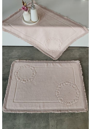 2'li Set Püskül Dantelli Ayak Havlusu 50x70 Cm - Yumuşak Ve Su Emici Pudra