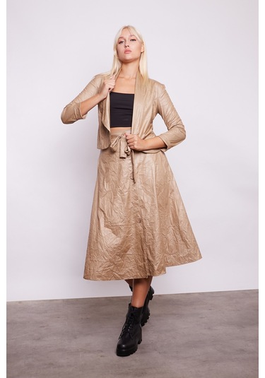 Kraş İnce Deri Yüksek Bel Yan Cepli Kiloş Uzun Etek-Bej