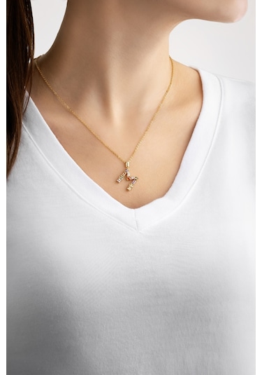 Mini M Harfi Günışığı Renkli 18 Ayar Sarı Altın Kaplama Gümüş Kolye