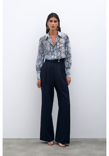 Sateen Bel Detaylı Pantolon - Lacivert