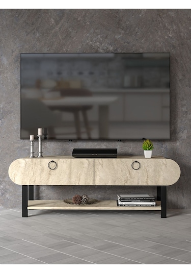 Tv Sehpası Tv Ünitesi Kapaklı Raflı Setro Traverten Ekru