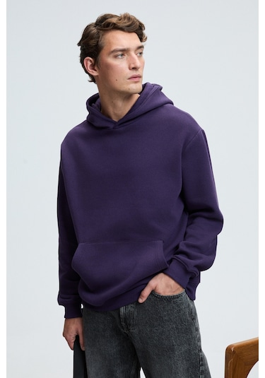 AMOS Erkek Yumuşak Kumaşlı 3 İplik Oversize Kapüşonlu Kanguru Cepli Mor Sweatshirt