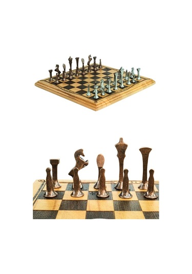 Mc52 Metal Satranç Takımı El Yapımı Doğal Ahşap Kayın Tahta Antik Metal Taşlar