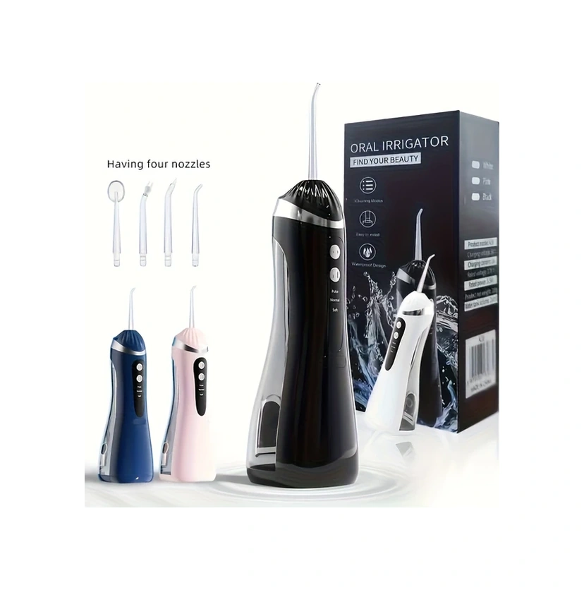 Gateesat Siyah Şarj Edilebilir Kablosuz Diş İpi 3 Mod 4 Nozul 360 Döner Başlık Usb Diş Temizleyici