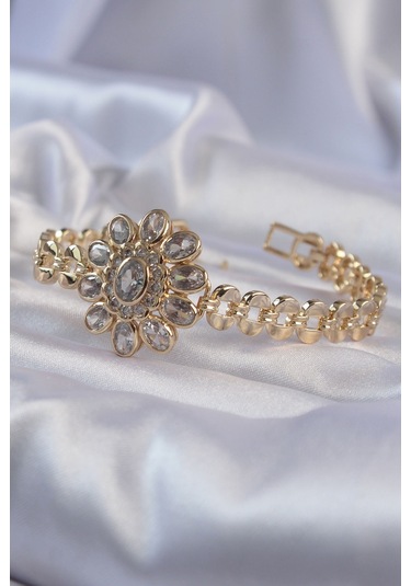 Ezoconcept Pirinç Gold Renk İri Zirkon Taşlı Çiçek Figürlü Bileklik