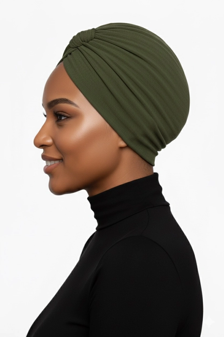 Pamuklu Bantlı Çapraz Astarlı Haki Hazır Türban Tesettür Havuz Bonesi Haki