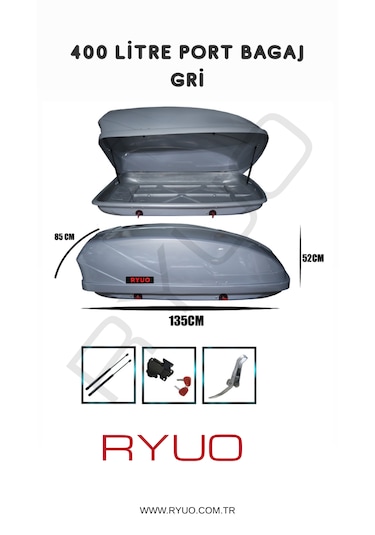 Ryuo Araç Üstü Tabut Port Bagaj 400 Litre Gri
