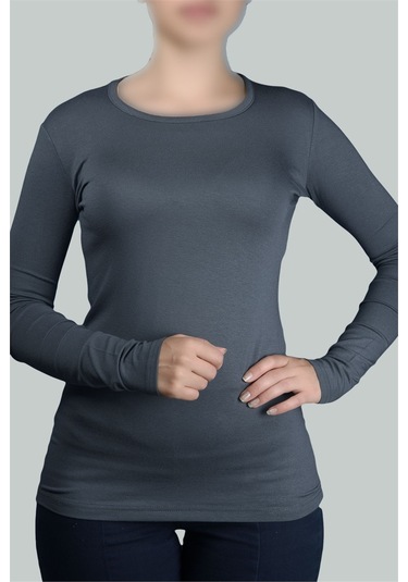 Altobeh Uzun Kol Bisiklet Yaka Likralı Penye Kadın Body - Füme