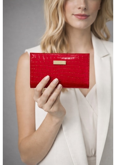 Adelina Bags Kadın Timsah Deseni Görünümlü Basic Küçük Kırmızı Cüzdan Kırmızı