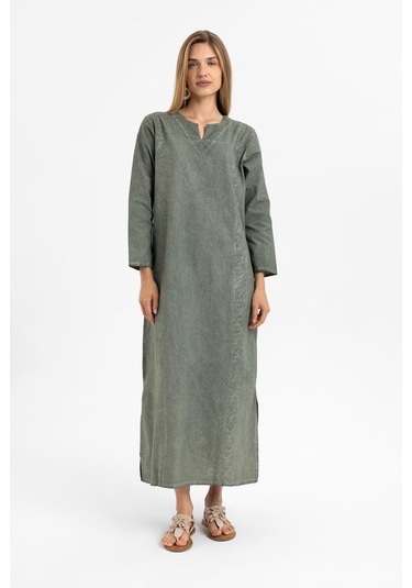 Haki İşlemeli Uzun Kollu Astarsız Pamuklu Uzun Elbise-hakı