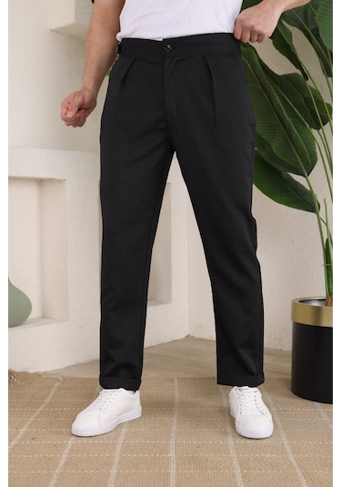 Erkek Duble Paça Yandan Tokalı Cord Desenli Old Money Pantolon Siyah