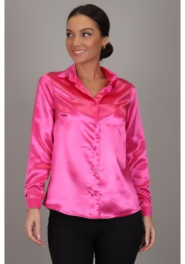 Sweetness Kadın Fuşya Saten Uzun Kol Abiye Gömlek Fuşya