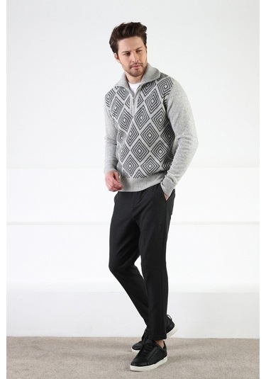 Ferraro A.Gri Kare Desenli Dik Yaka %100 Kuzu Yünü Erkek Kazak Açık Gri (536161019) Açık Gri